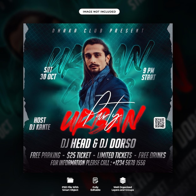 PSD urban  night party square flyer and instagram post template