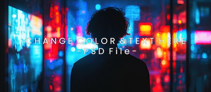 PSD urban night silhouette of a person amidst vibrant city lights