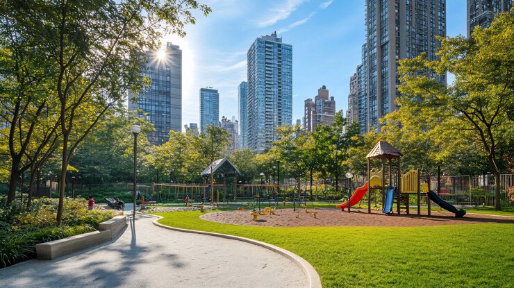 PSD urban park with playground and skyscrapers lush greenery paved paths and colorful play equipment sunny day cityscape view