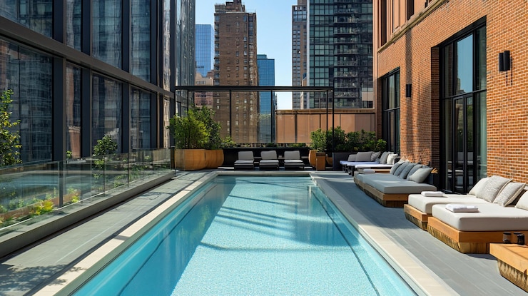 PSD urban rooftop pool with city views sundrenched pool deck lounge chairs and lush greenery