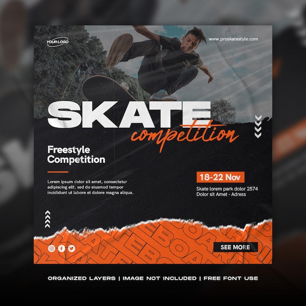 Modello di post instagram di social media di concetto di skate urbano