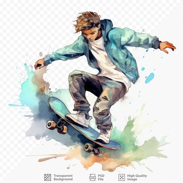 PSD urban stijl illustratie van een skateboarder jongen in waterverf tegen een doorzichtige achtergrond