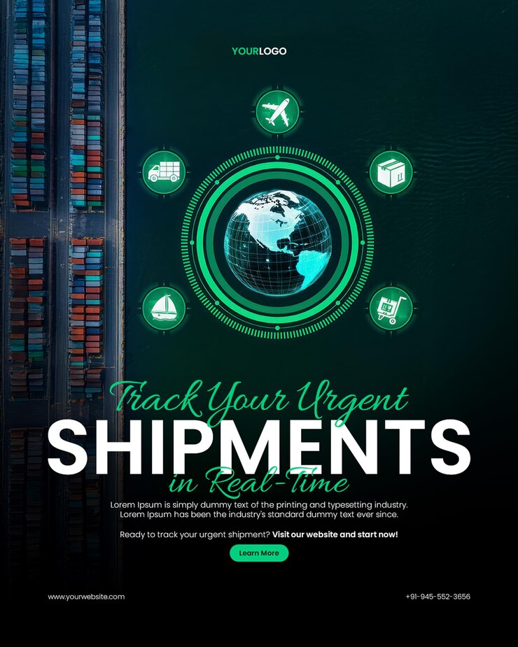 PSD urgent freight same day delivery poster template with digital globe with icons for transportation including ships and airplanes
