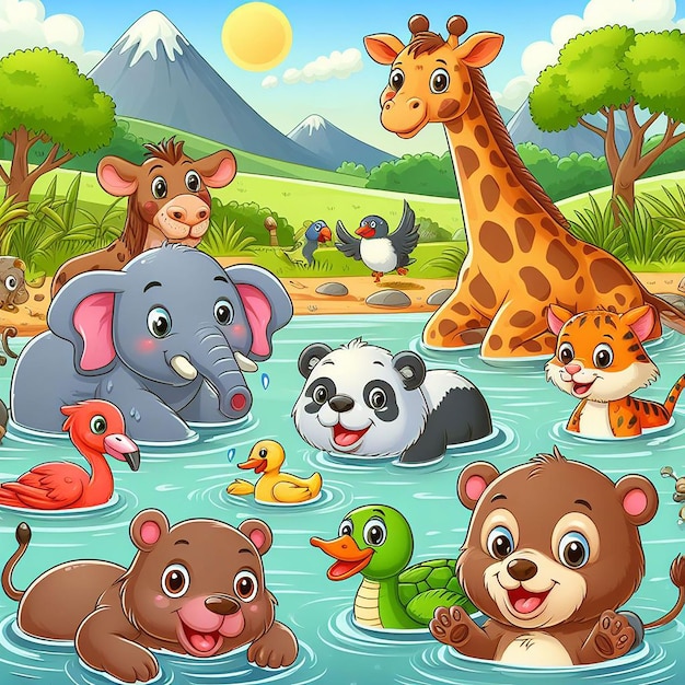 PSD urocza kreskówka z zwierzętami na tle rzeki