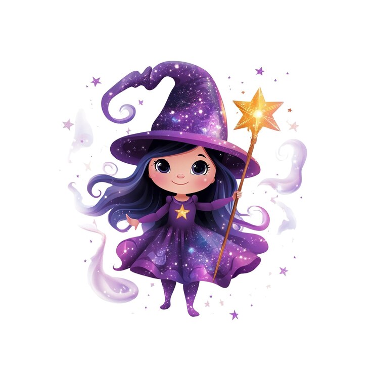 PSD uroczy galaktyczna wiedźma z magiczną różdżką urocza ilustracja halloween