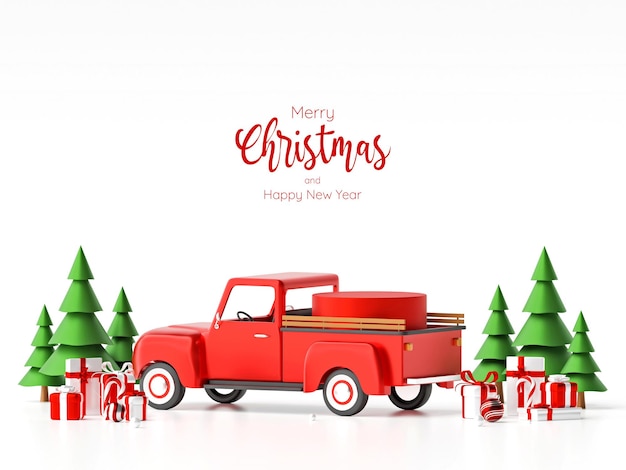Ürün reklamı için Noel hediyesi ile Noel arabasında geometrik podyum, 3 boyutlu illüstrasyon