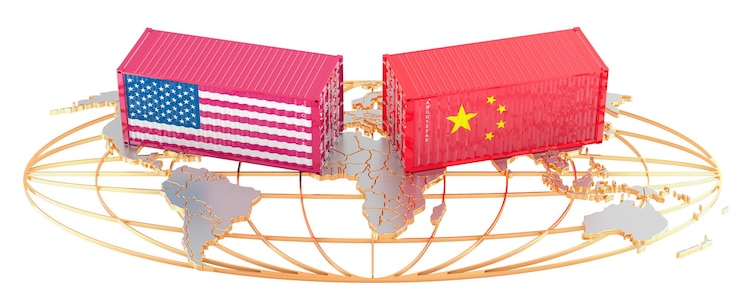 PSD the us and china trade and tariffs agreement concept cargo containers with american and chinese flags on the earth map 3d rendering isolated on transparent background