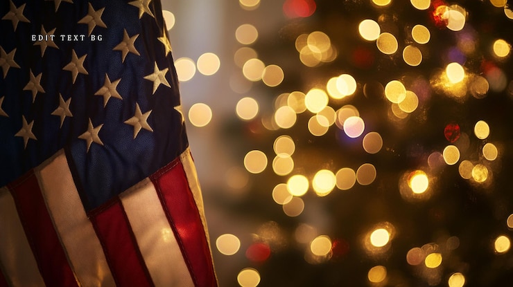 PSD us flag with blurred christmas lights background