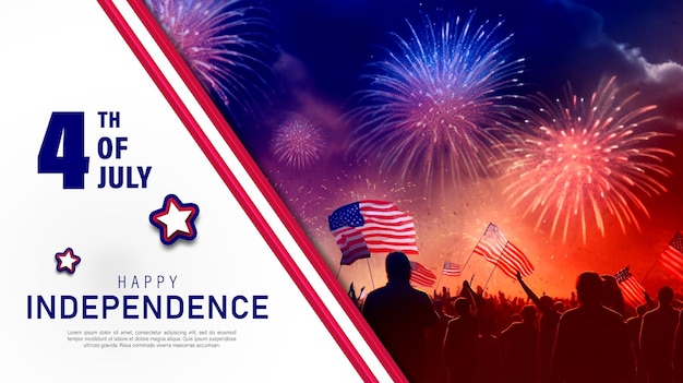 PSD us independence day poster banner with fireworks display and us flag