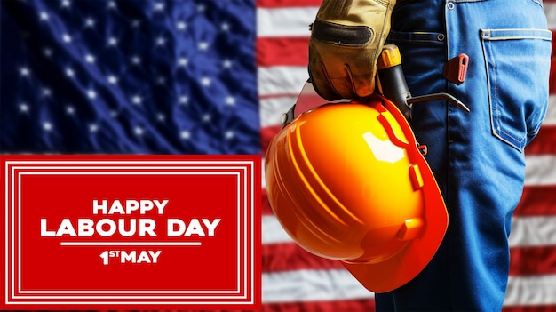 PSD Поздравительная карточка на день труда сша с американским флагом и строительным рабочим