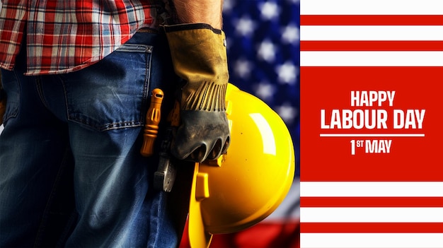 PSD usa labor day greeting card with american flag and a construction labor