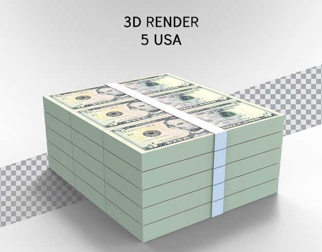 PSD 5 달러 3d 렌더링으로 미국 돈