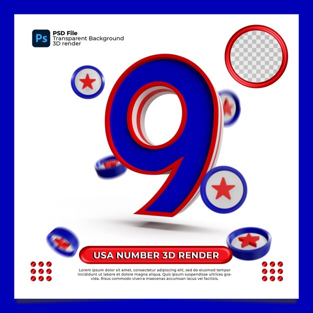 Usa number 9 3d render flag style with elements star shield