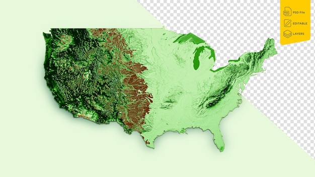 PSD mappa topografica usa mappa realistica 3d illustrazione 3d a colori