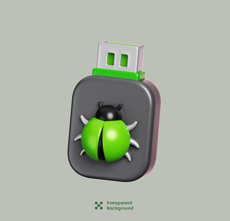 PSD usb flash drive with virus bug icon isolated computer device security icon 3d illustration
