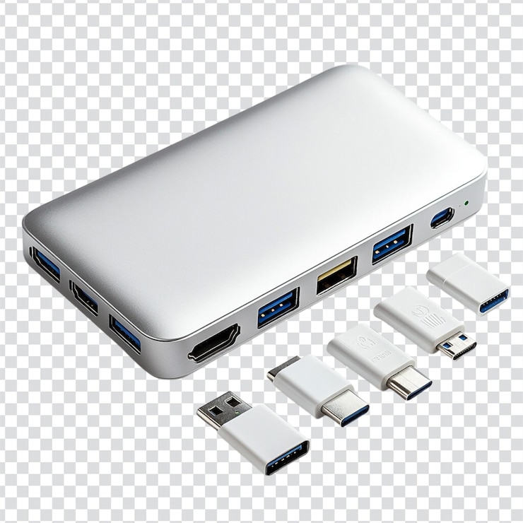 PSD usbc hub with multiple ports on a transparent background