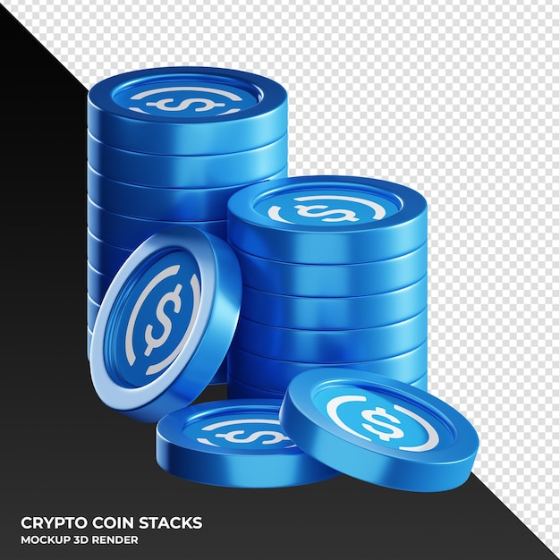 Moneta usd la moneta usdc impila l'illustrazione di rendering 3d della criptovaluta