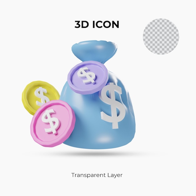 USD dollar coin and money bag 3d render transparent icon