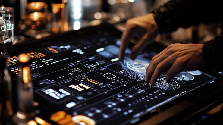 PSD user interacting with a futuristic touchscreen interface