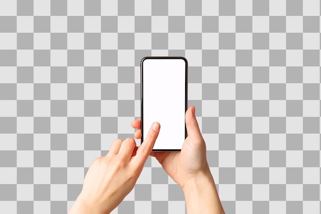 User touches a blank smartphone screen for interaction and app access isolated on white PNG