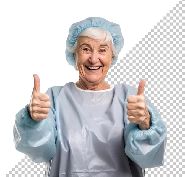 Uśmiechnięta Kobieta W średnim Wieku Ubrana W Fartuch Chirurgiczny, Pokazująca Kciuki Do Góry