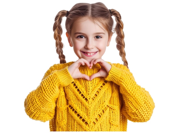PSD uśmiechnięta młoda dziewczyna w żółtym swetrze pokazująca serce z dwoma rękami znak miłości
