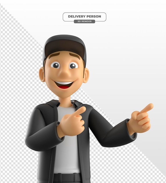 Uśmiechnięta osoba dostarczająca wskazując w 3D Render z przezroczystym tłem