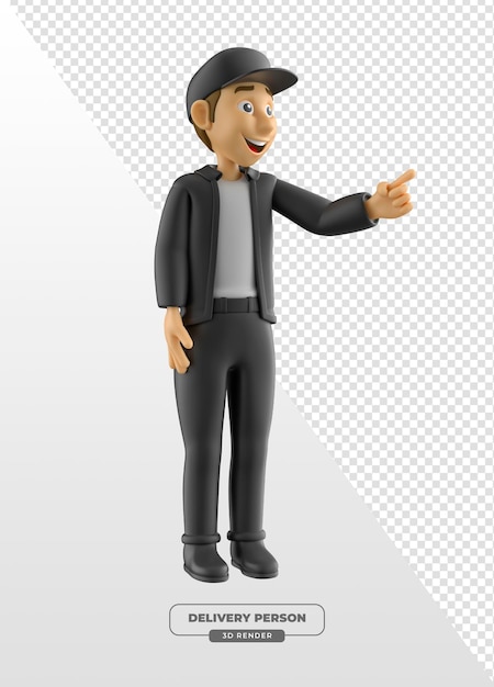 Uśmiechnięta osoba dostarczająca wskazując w 3D Render z przezroczystym tłem