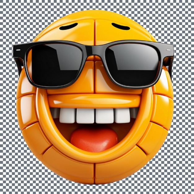 PSD uśmiechnięta żółta twarz z okularami przeciwsłonecznymi na przezroczystym tle