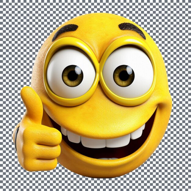 PSD uśmiechnięta żółta twarz z podniesionymi kciukami izolowane przezroczyste tło