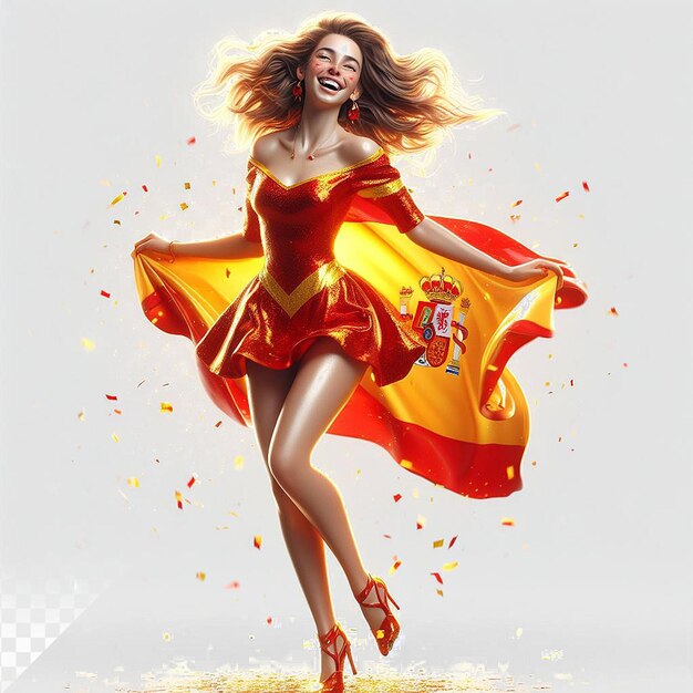 PSD uśmiechnięty stylowy model w stroju hiszpańskiej flagi trzęsący się i tańczący odizolowany na przezroczystym tle