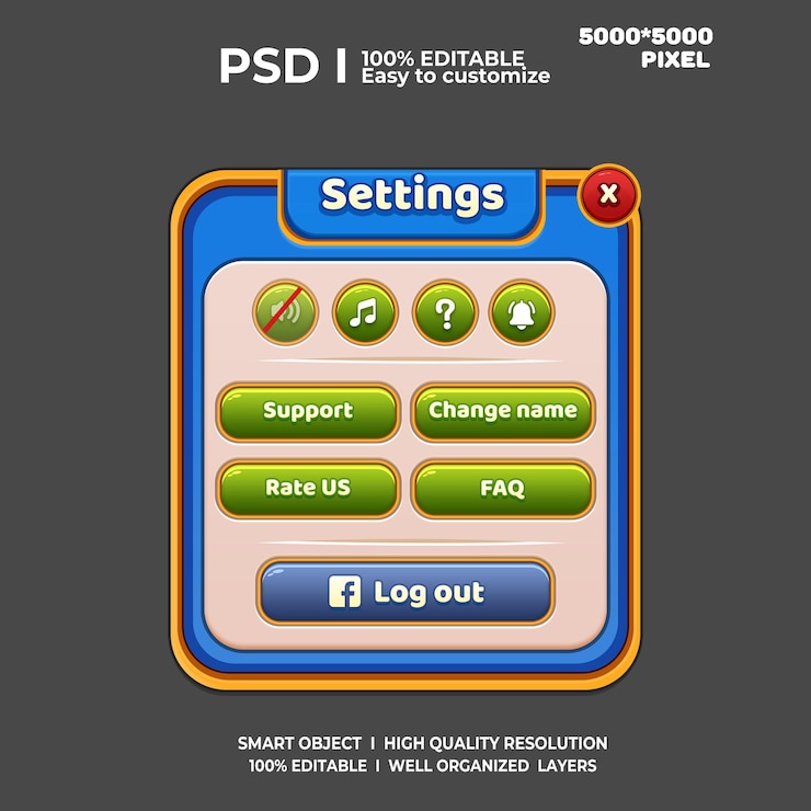 PSD ustawienia ekranu ui gra 2d ui interfejs użytkownika gra przypadkowa ui ui kit ui art gra kreskówkowa ui cool ui