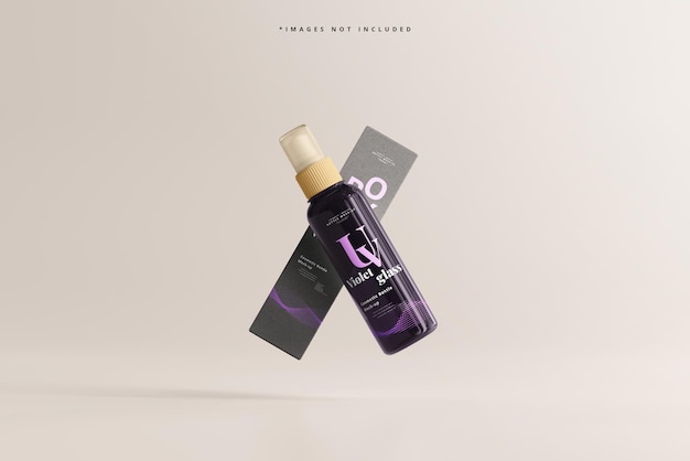 Mockup di bottiglia e scatola cosmetica in vetro uv