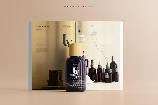 Bottiglia cosmetica in vetro uv con mockup di riviste