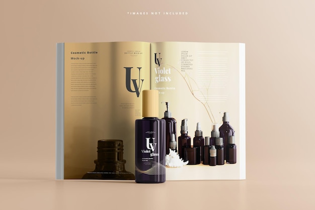 Bottiglia cosmetica in vetro uv con mockup di riviste