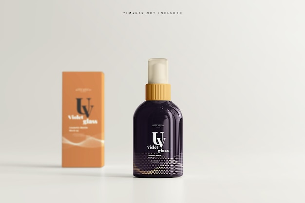 Flacone e scatola spray cosmetico in vetro uv mockup