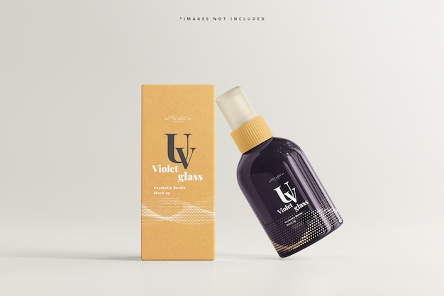 Flacone e scatola spray cosmetico in vetro uv mockup