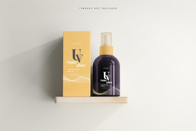 Flacone e scatola spray cosmetico in vetro uv mockup