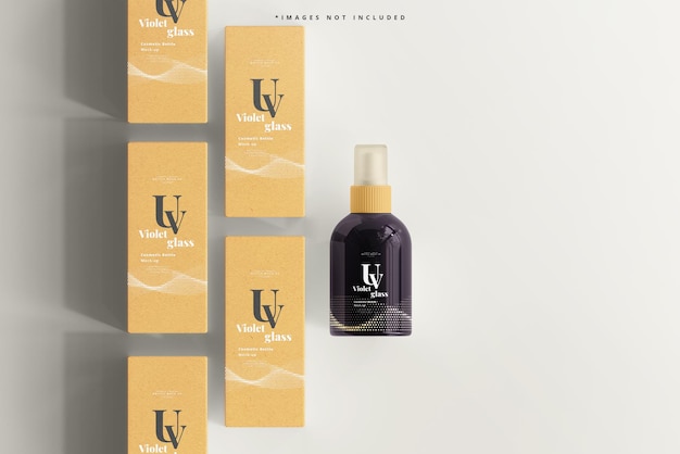 Flacone e scatola spray cosmetico in vetro uv mockup