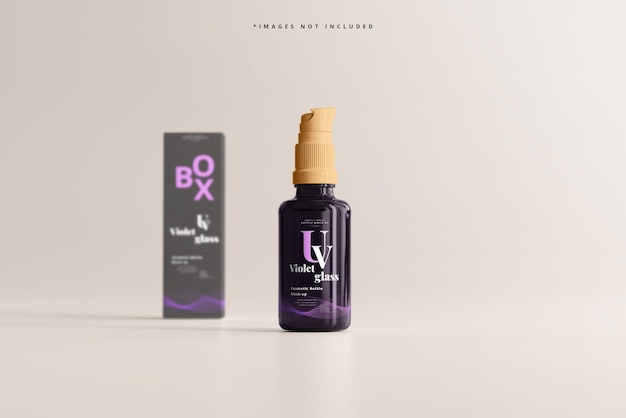 Flacone e scatola spray cosmetico in vetro uv mockup