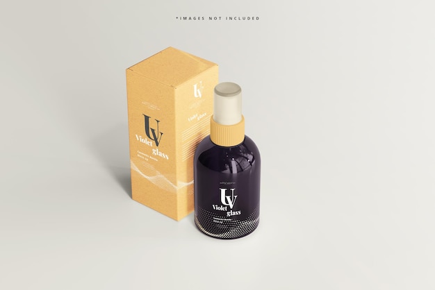 Uv glass cosmetic spray bottle and box mockup