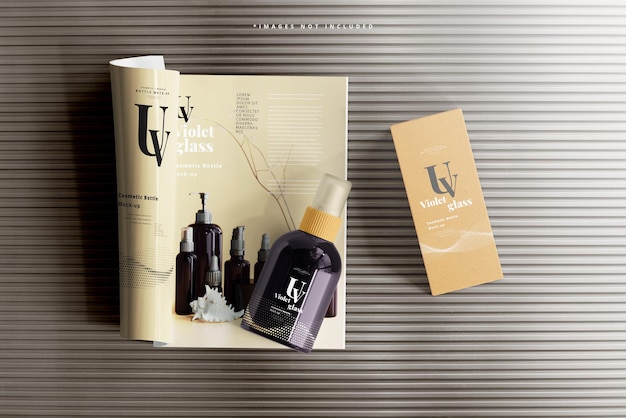 Flacone spray cosmetico in vetro uv con mockup di riviste