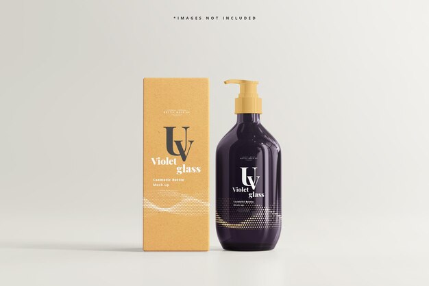 PSD uv glass pump bottle and box mockup