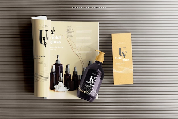 Uv glass pump bottle with magazine mockup