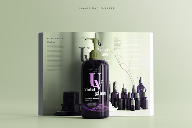 Uv glass pump bottle with magazine mockup