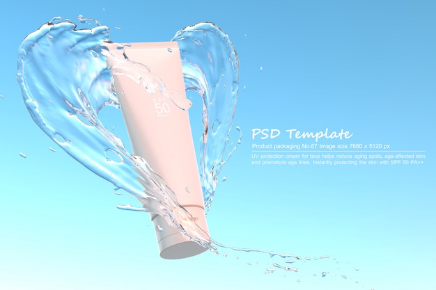 Prodotto di protezione solare uv con spruzzi d'acqua su sfondo blu render 3d