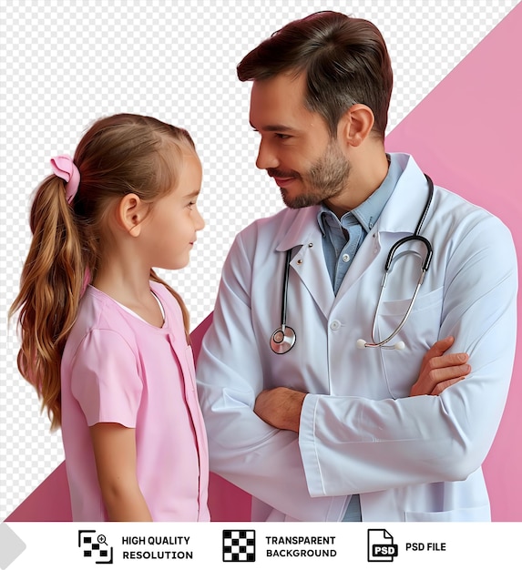 Uważny lekarz badający przerażonego pacjenta pediatrycznego przed różową ścianą w białej koszuli i czarnym i szarym krawacie z brązowymi włosami i małym uchem widocznym podczas png