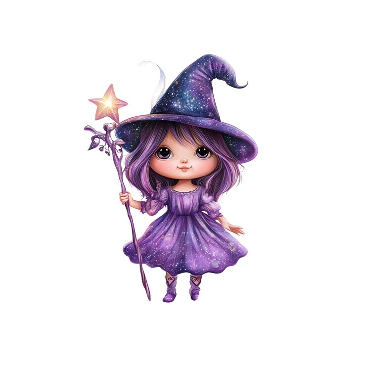 PSD uwielbiana mała czarownica z gwiazdną klawiszą magiczna ilustracja fantasy
