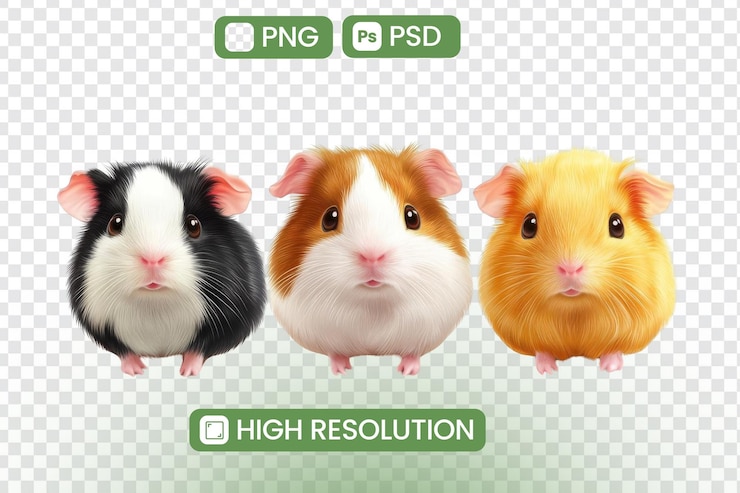 PSD uwielbiane świnki morskie odkrywają trzy unikalne kolory zdjęcia o wysokiej rozdzielczości idealne dla projektów formaty png i psd dostępne uroczy towarzysze płaskie futro uroczy wyrazy