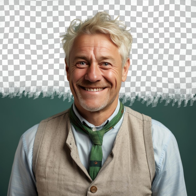 PSD uwolniony mężczyzna w średnim wieku z blond włosami z narodowości nordyckiej ubrany w strój kuratora pozuje w stylu eyes downcast z uśmiechem na zielonym tle pastelowym